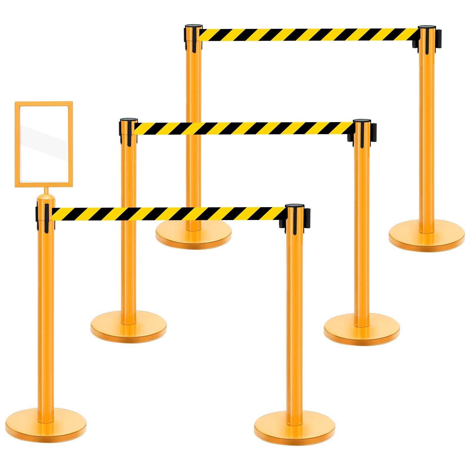 Photo 1 of Therwen 6 Pack Heavy Duty Crowd Control Stanchions Stainless Steel Stanchion Set with 6 Safety Barrier Post with Retractable Belt and 1 Sign Holder Crowd Control Barrier (Yellow,9.8 ft)