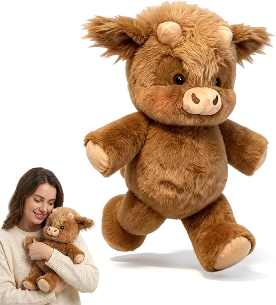 AstraFable Running Highland Cow Interactive Plush, Moving Leg Sensory Plush Toy, Soft Stuffed Animal for Fans & Adults, Desk & Home Décor (Brown)