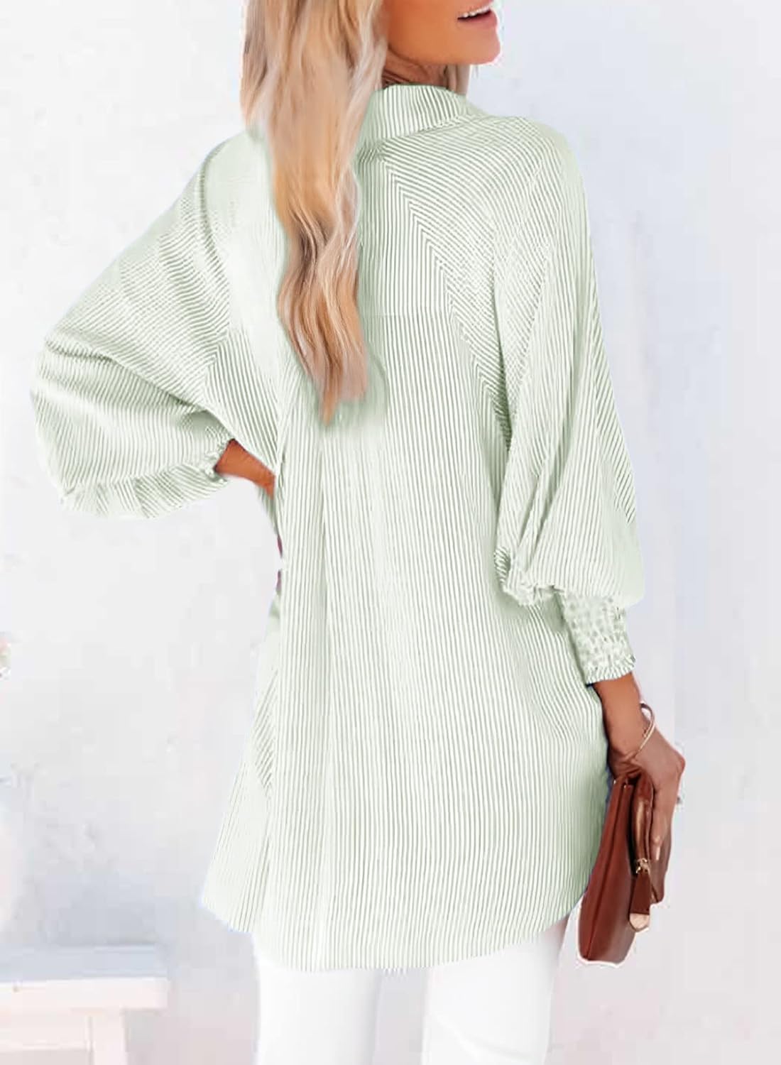 Womens Smocked Cuffed Striped Boyfriend Shirt Casual Collar Long Sleeve Oversized Button Down Blouse Tops with Pocket Shirred - Image 2