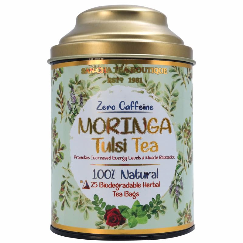 Image of Sancha Tea Boutique Moringa Tulsi Herbal Infusion, Caffeine-Free Wellness Tisane for Energy Support, 25 Pyramid Tea Bags