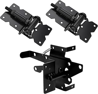 Heavy Duty Self Closing Gate Hinge and Self Locking Latch Hardware Kit for Wooden/Vinyl Fence, Stainless Steel 90 Degree Adjustable Hinges&Post Mount Automatic Gate Lock, Black Finish,1Pack