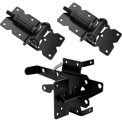 Heavy Duty Self Closing Gate Hinge and Self Locking Latch Hardware Kit for Wooden/Vinyl Fence, Stainless Steel 90 Degree Adjustable Hinges&Post Mount Automatic Gate Lock, Black Finish,1Pack