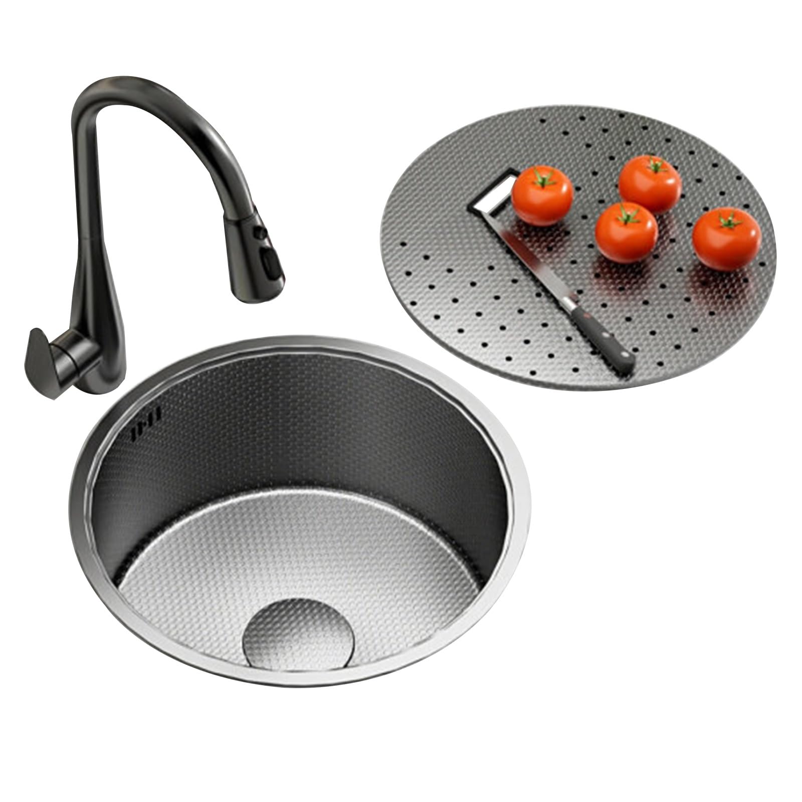 ZQFHSX Stainless Steel Round with Pull Down Faucet and Lid – Single Bowl Undermount Workstation for Island, Bar, Prep Kitchen, Restaurant(44X44X20cm)