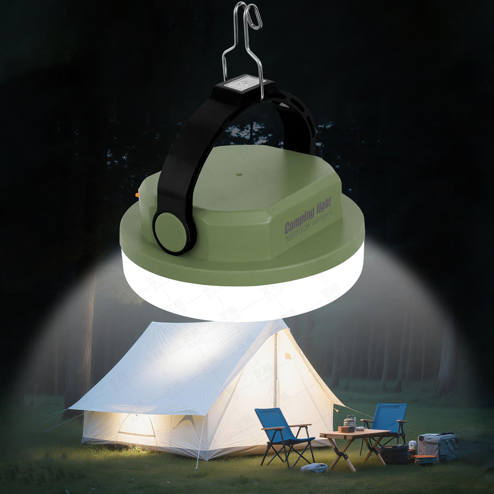 Outdoor Camping Lampe Wiederaufladbare Lampe Tragbare Beleuchtung Lampe Ausgestattet mit 6 Helligkeitseinstellungen, Zeltlampe mit Haken, Geeignet für Stromausfälle, Wandern und Notfälle (Armeegrün)