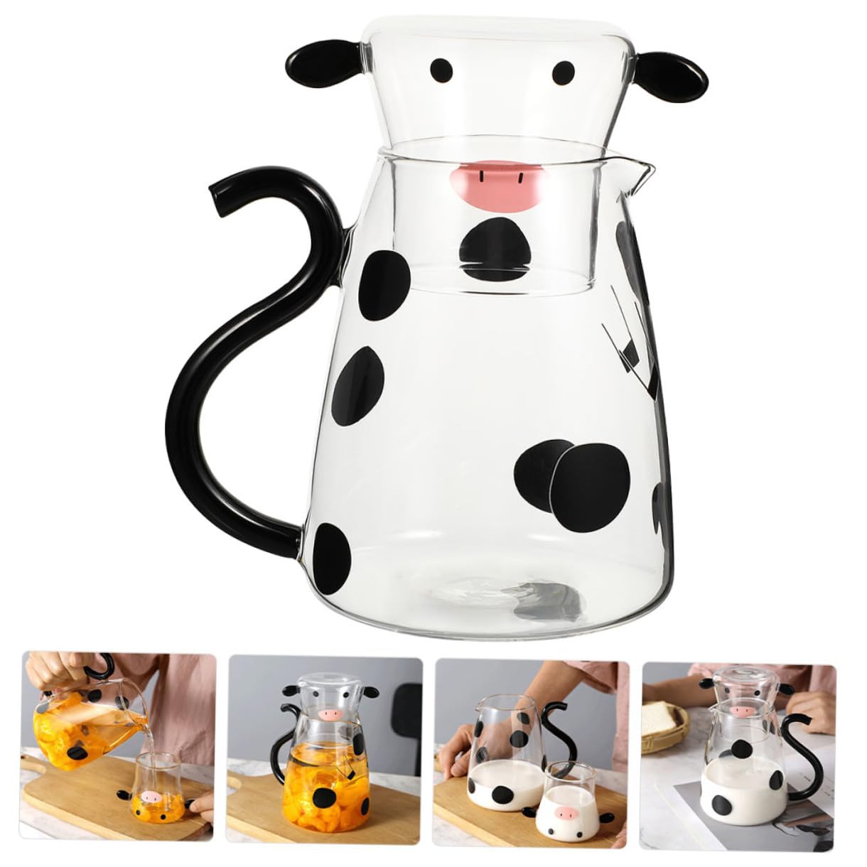 Kreative Cartoon Kuh Glaskaraffe Hitzebeständig Klarer Glas Wasserkrug mit Becher Set Multifunktionaler Kaltes Wasser Spender für Tee Milch Saft und Getränke