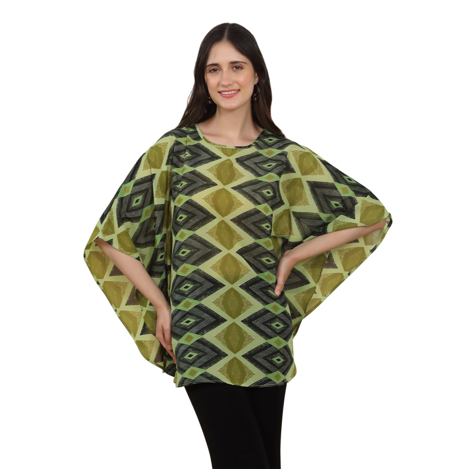 Women's Green Georgette Printed Kaftan Top | Batwing Sleeve Loose Fit Poncho Style Tunic | Casual, Beach, Resort Top for Women-picture-46