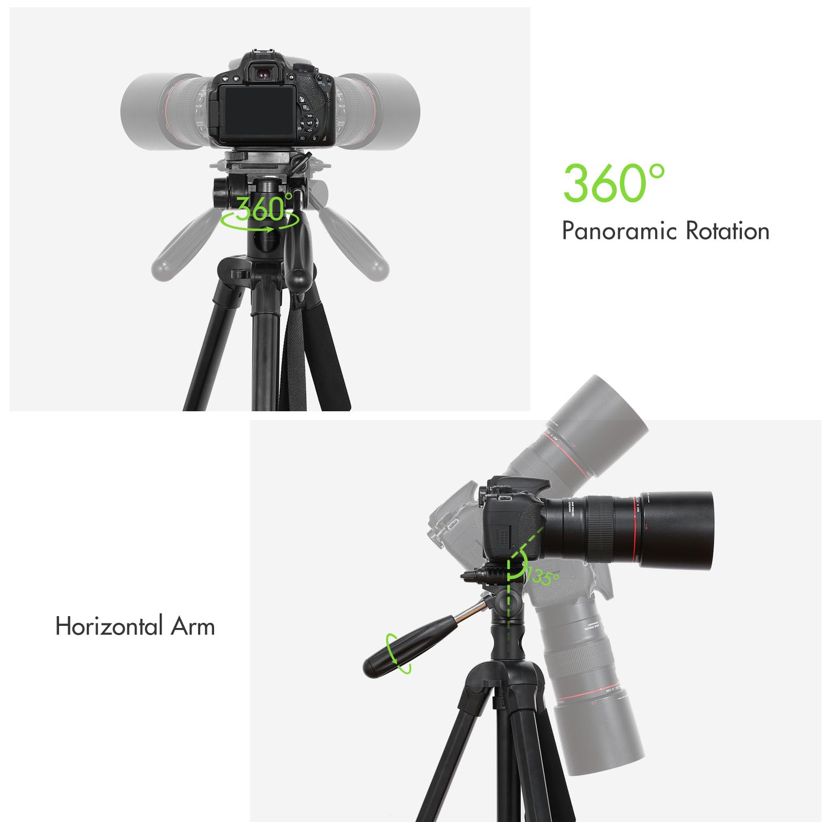 Soporte para Trípode para Cámara, Aleación de Aluminio Ligera de 168CM, Carga Portátil 5KG con Clip Teléfono DSLR, Videocámaras y Más