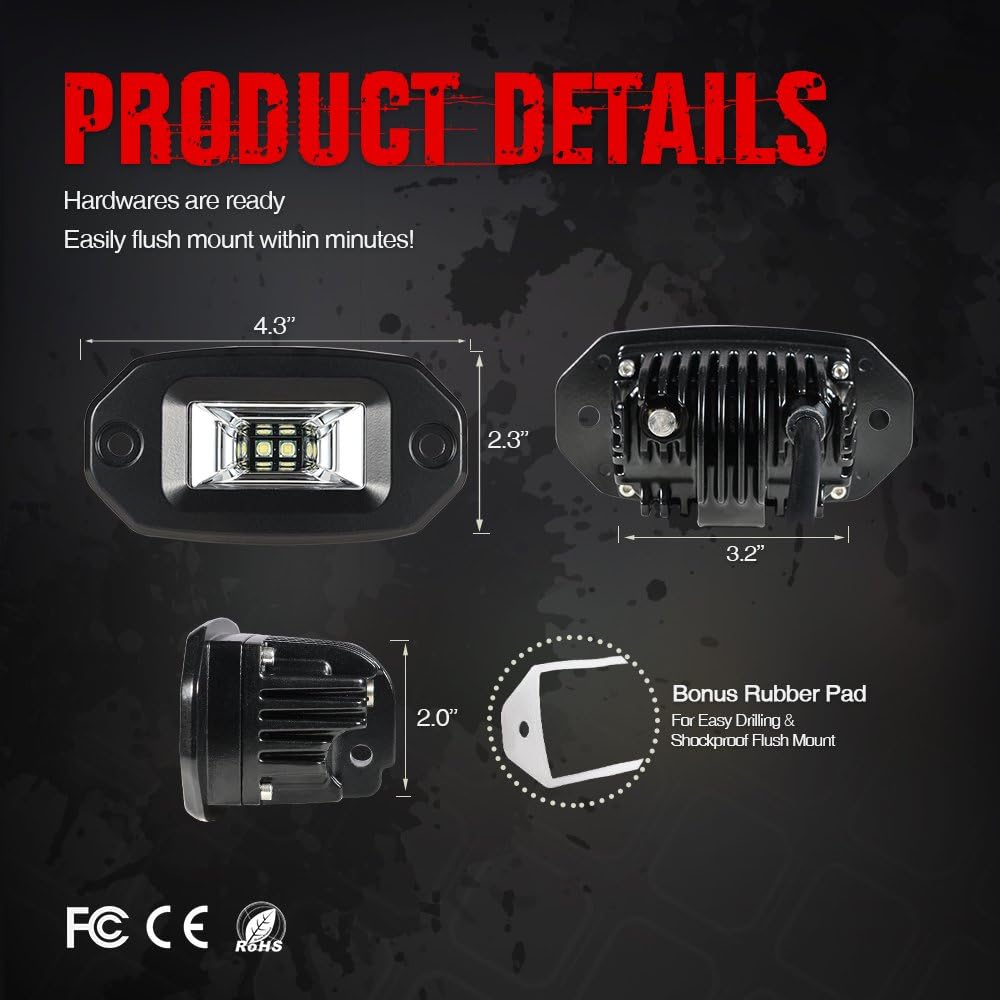 MICTUNING Flush Mount Led Pods, 2Pcs 20W Flood Led Light Bar, Off Road Backup Driving Lights Fog Lamp Compatible with Jxxp Bumper ATV UTV SUV Truck Boat