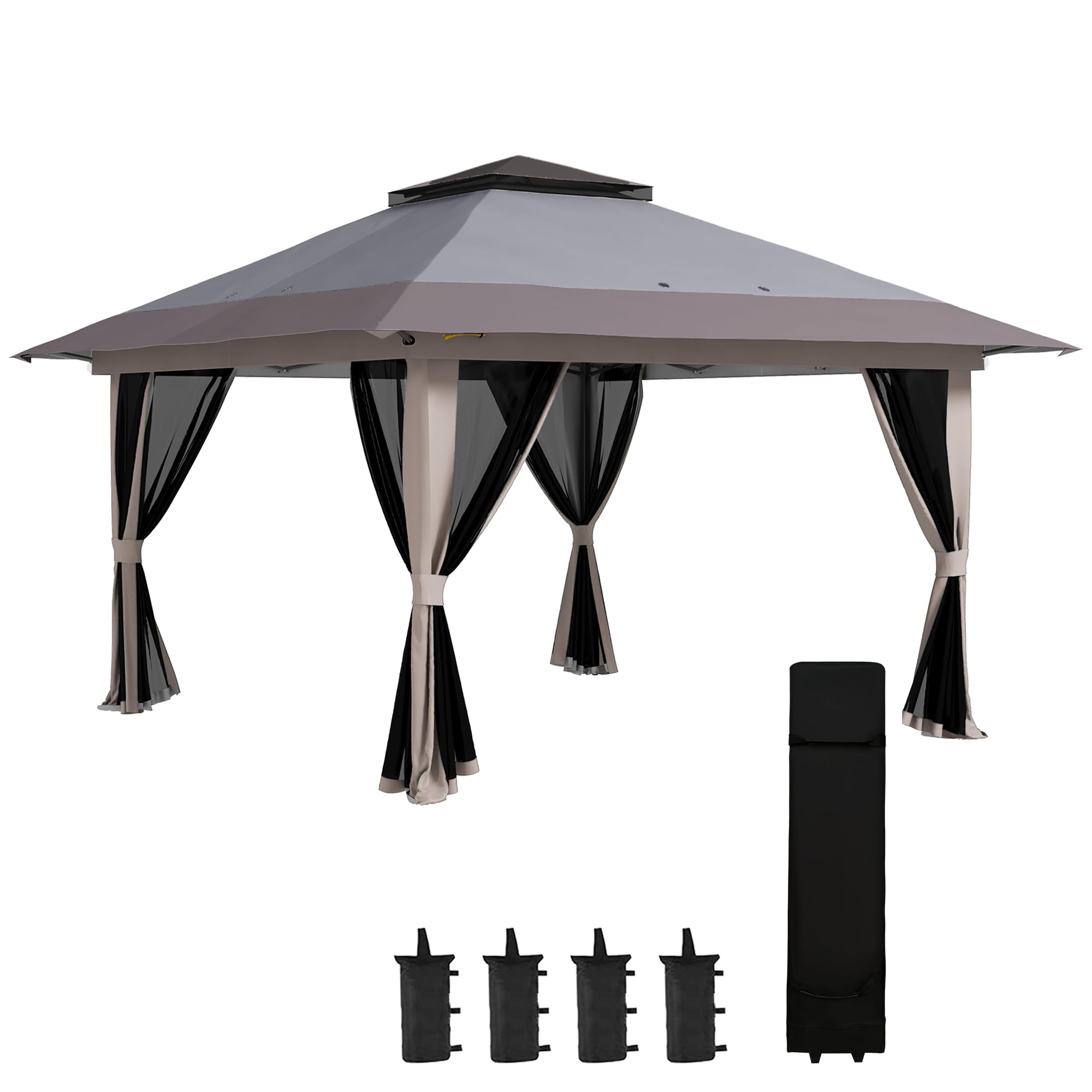 Outsunny 13' x 13' Pop Up Gazebo with Netting, UPF 50+, Light Gray
Outsunny 13' x 13' Pop Up Gazebo with Water/Sand Bags
