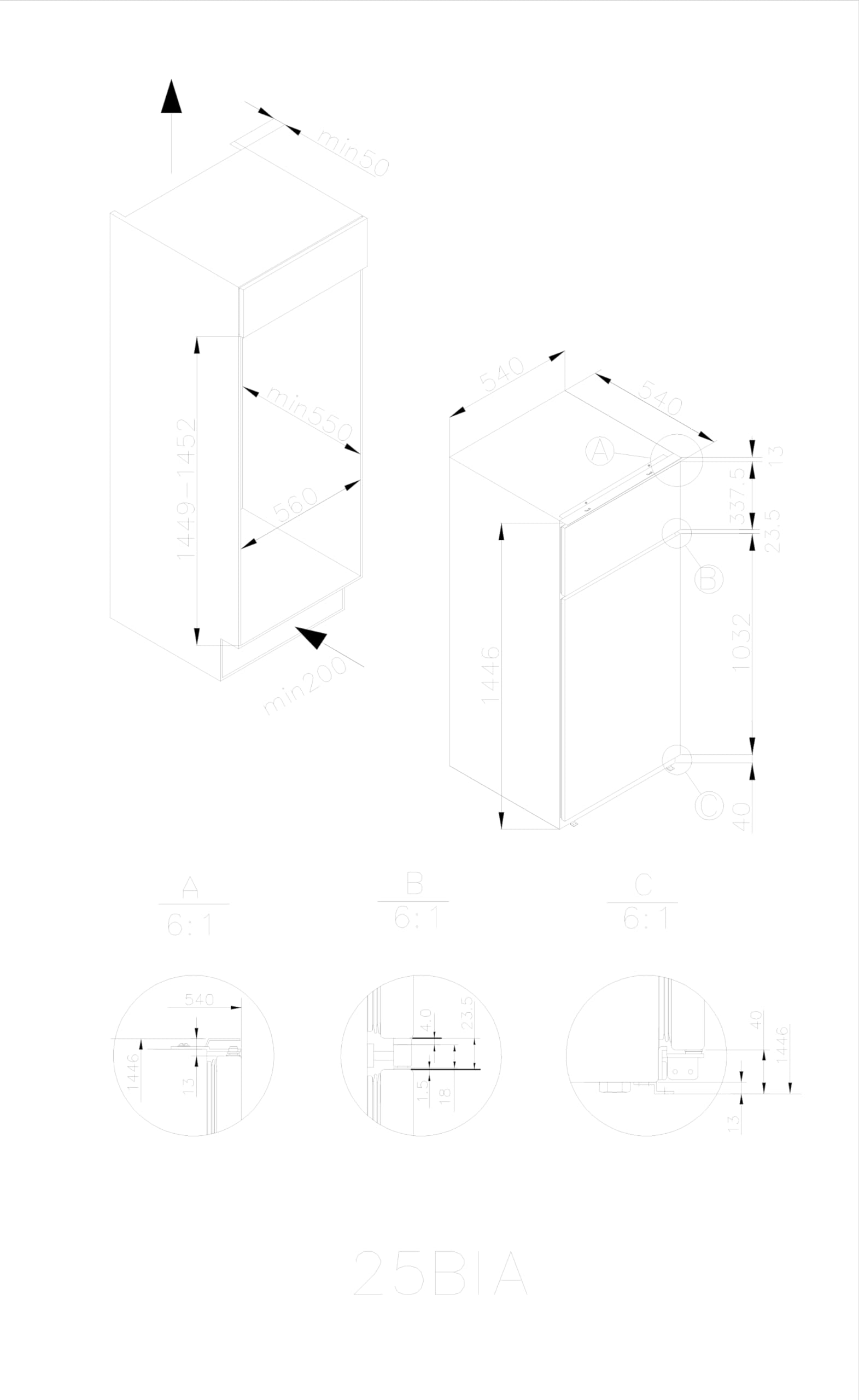 Candy CFBD 2450/5EH - Frigorifero da incasso con congelatore, porta a traino, a due porte, nicchia da 144 cm, 205 litri, frigorifero da 169 litri, congelatore da 36 litri, 1 cassetto per verdura, 4