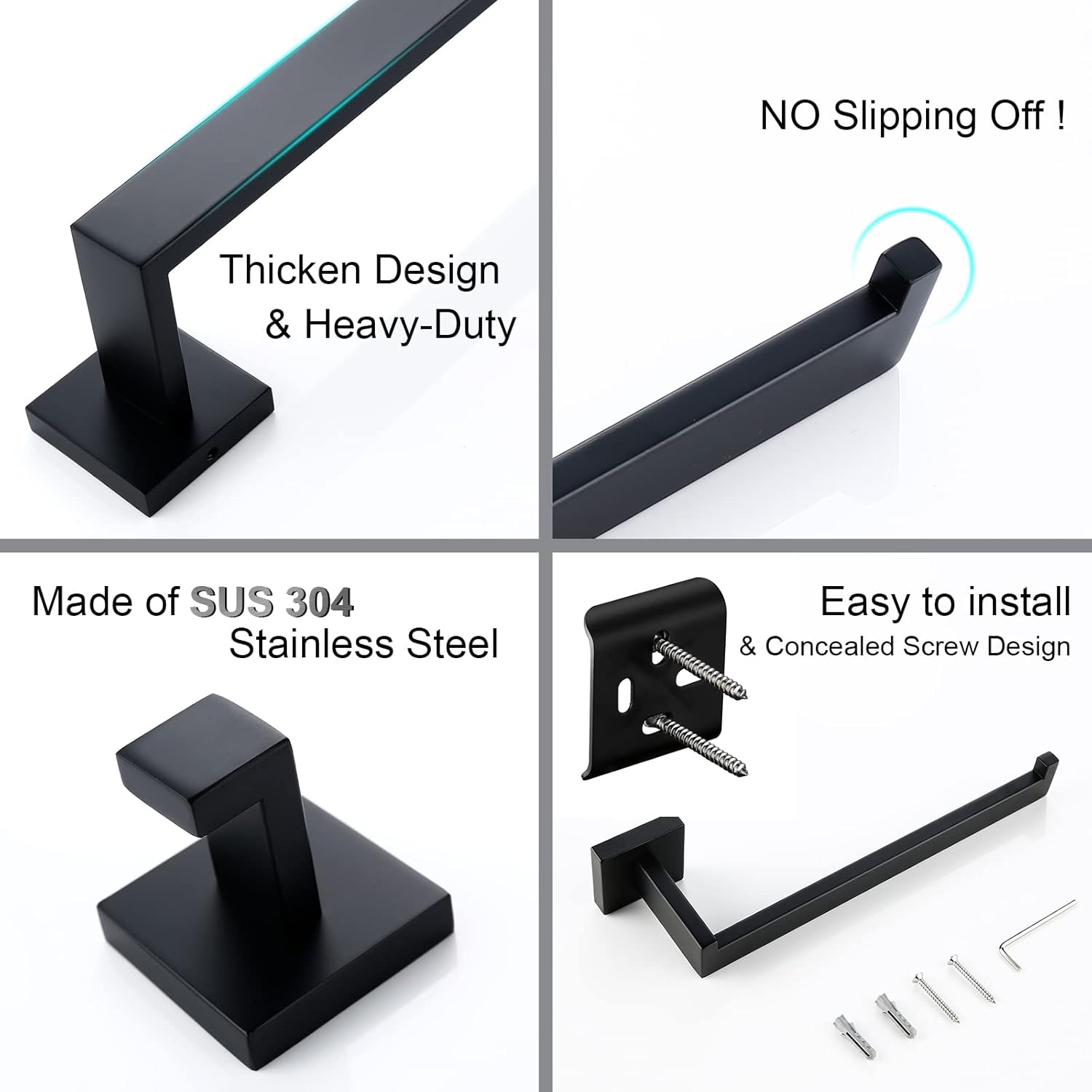 BAGNOLUX Matte Black Bathroom Accessories Set 4 Pieces, Bathroom Towel Holder Set Stainless Steel, Black Towel Bar Towel Racks for Bathroom Wall Mounted, Square Bathroom Hardware Set Heavy Duty