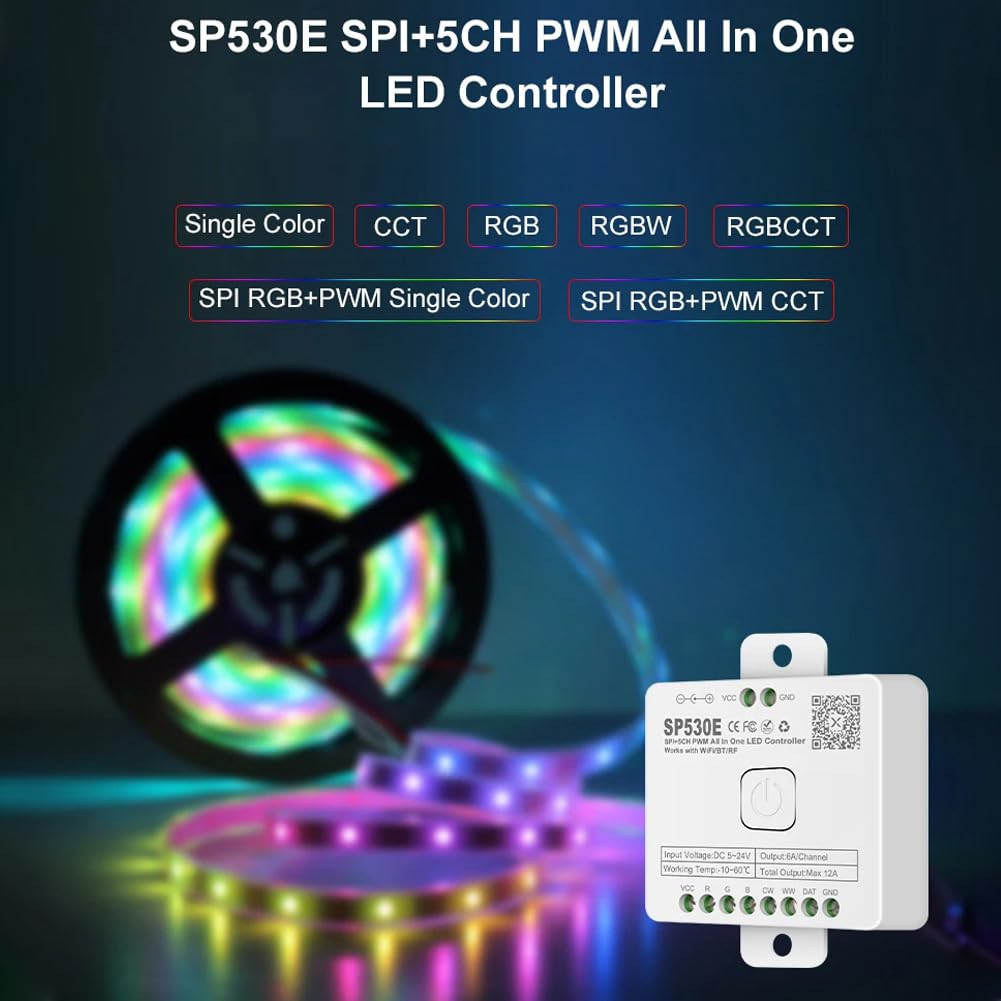 Contrôleur LED Wifi 12-En-1 SP530E PWM SPI Pixels Dimmer pour Bandes LED WS2812B WS2811 RGB RGBW avec Commande Vocale