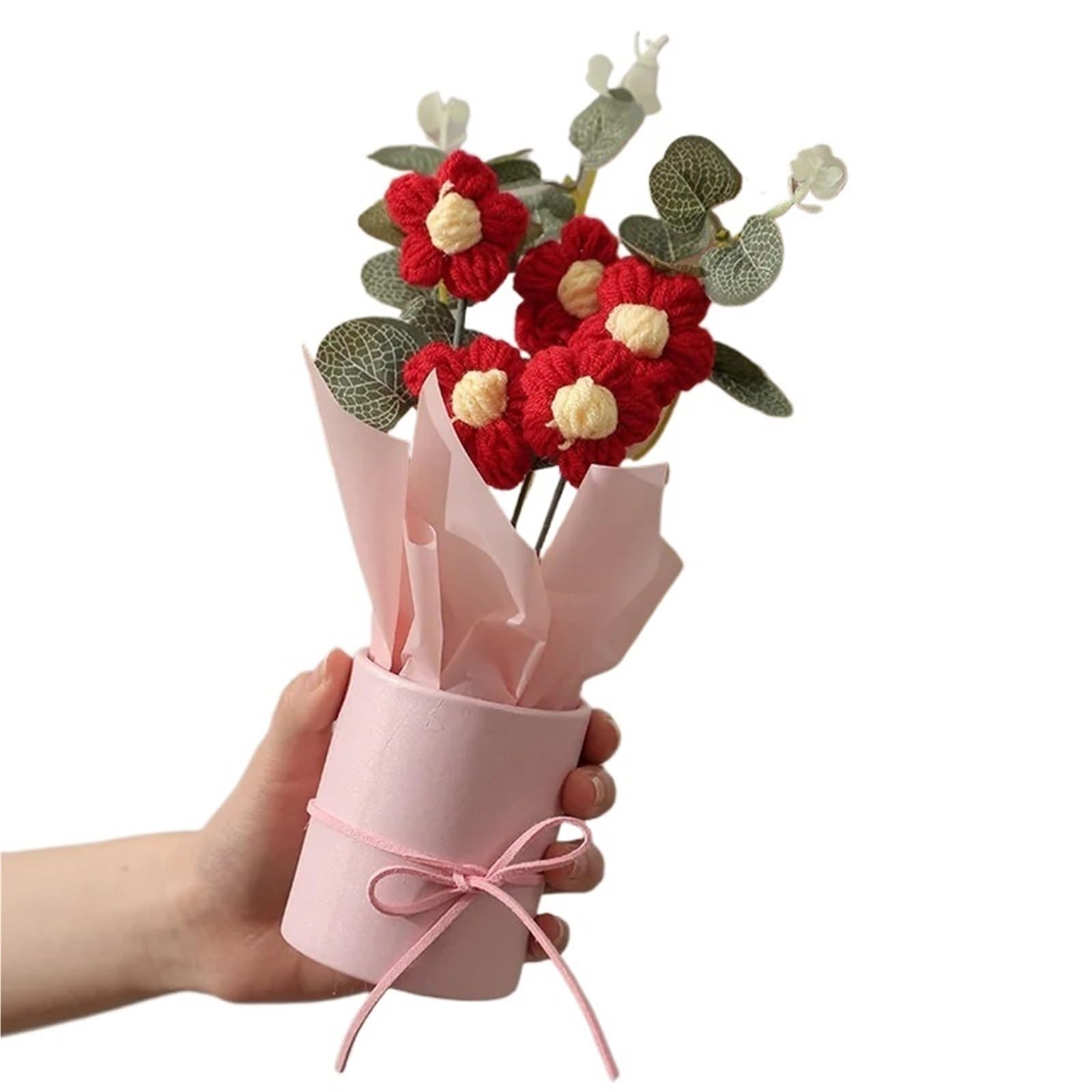 PawUniscript Exquisite Handmade Crocheted Bucket Bouquet Of Daisies - Perfect For Mother's Day, Valentine's Day, Birthdays, And Weddings(Red)