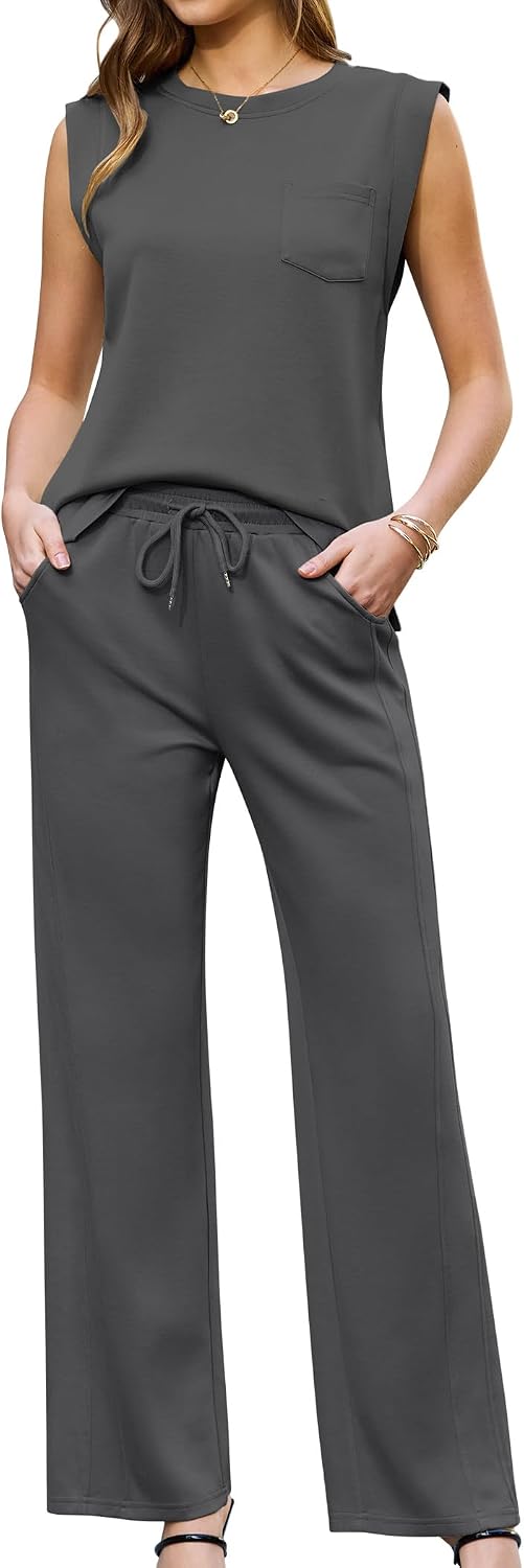 difficort Womens 2 Piece Outfits Round Neck Vest Sleeveless Tops Straight Leg Pants Matching Outfits,Dark Grey,Large