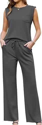 difficort 2 Piece Lounge Sets for Women Round Neck Vest Sleeveless Tops Straight Leg Pants Matching Outfits with Pockets