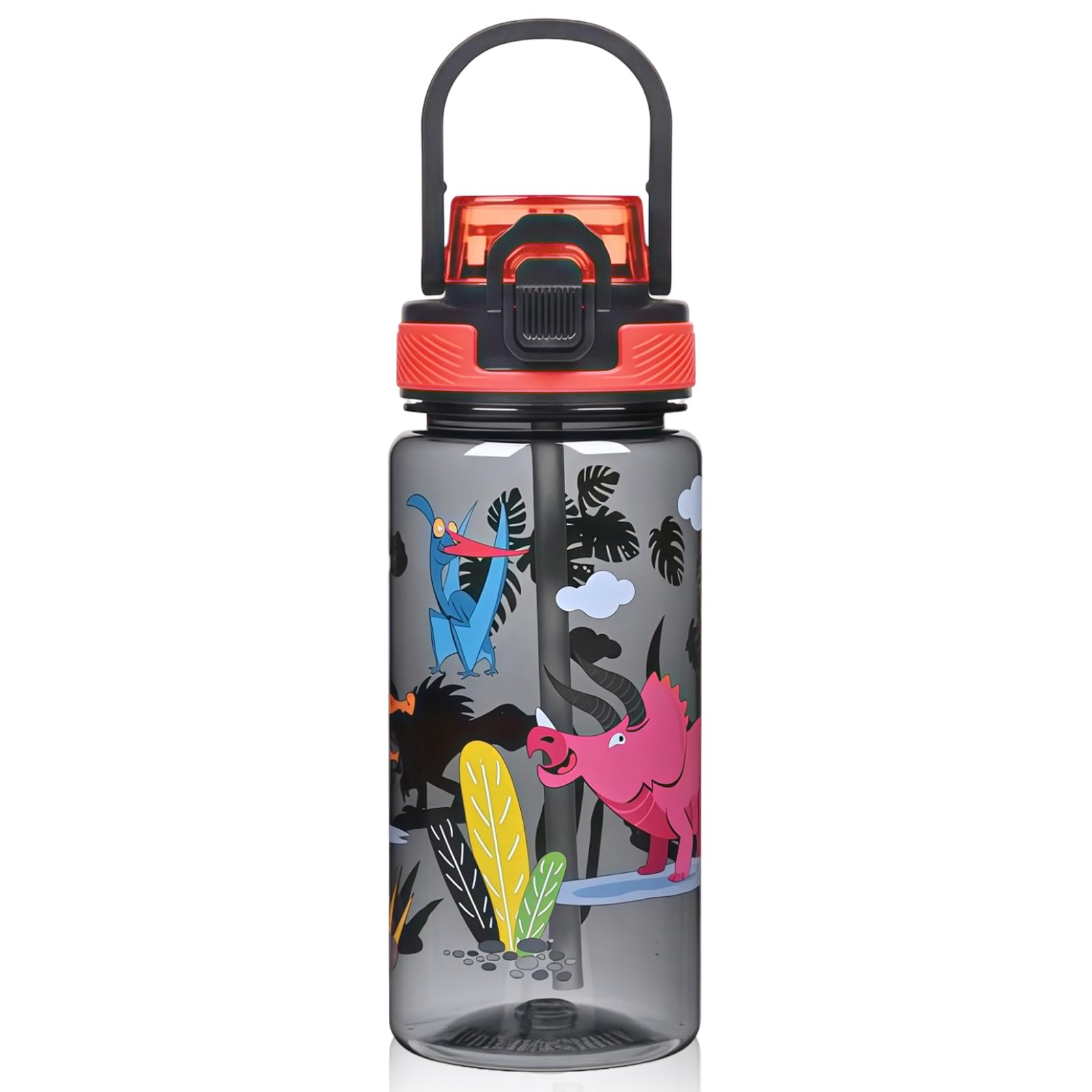 flintronic 600ML Kids Water Bottle with Straw & Carry Handle, Leakproof BPA Free Flip Nozzle Cartoon Sports Bottle, Portable Children's Drinks Bottle for School Picnic, Gift for Girls Boys (Black) — image 1