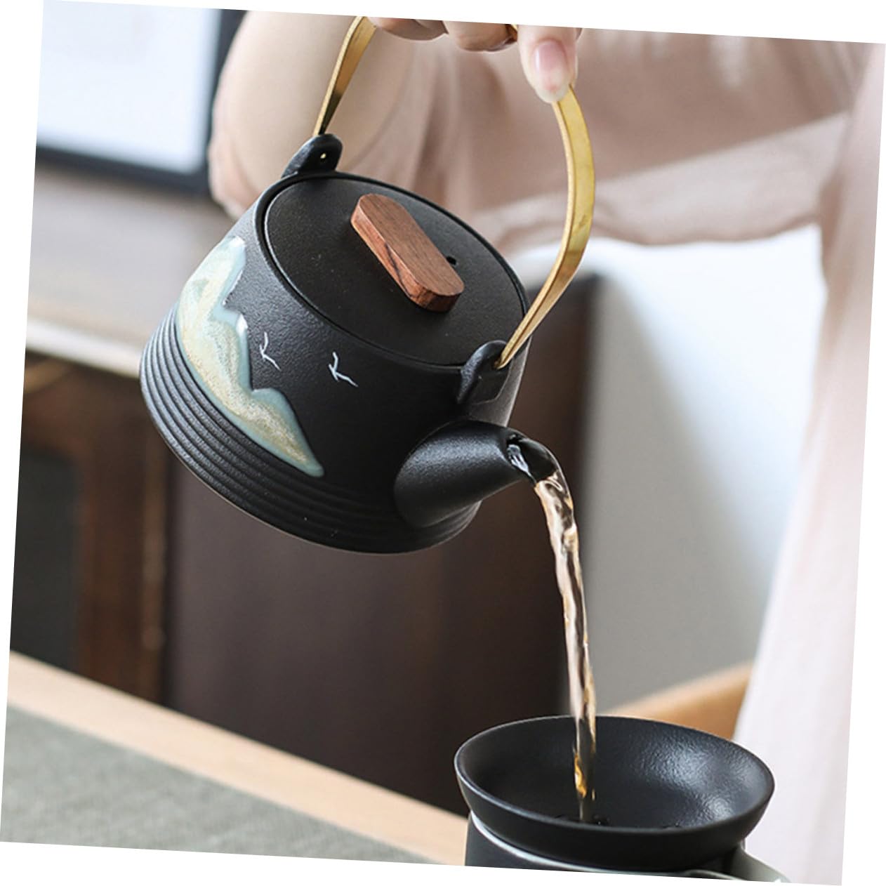 BESTYASH Tetera Juego de Té Creativo de Cerámica Negra Pintada a Mano Mango Frío y Adorno Vintage Hogar y Salón de Té Profesional