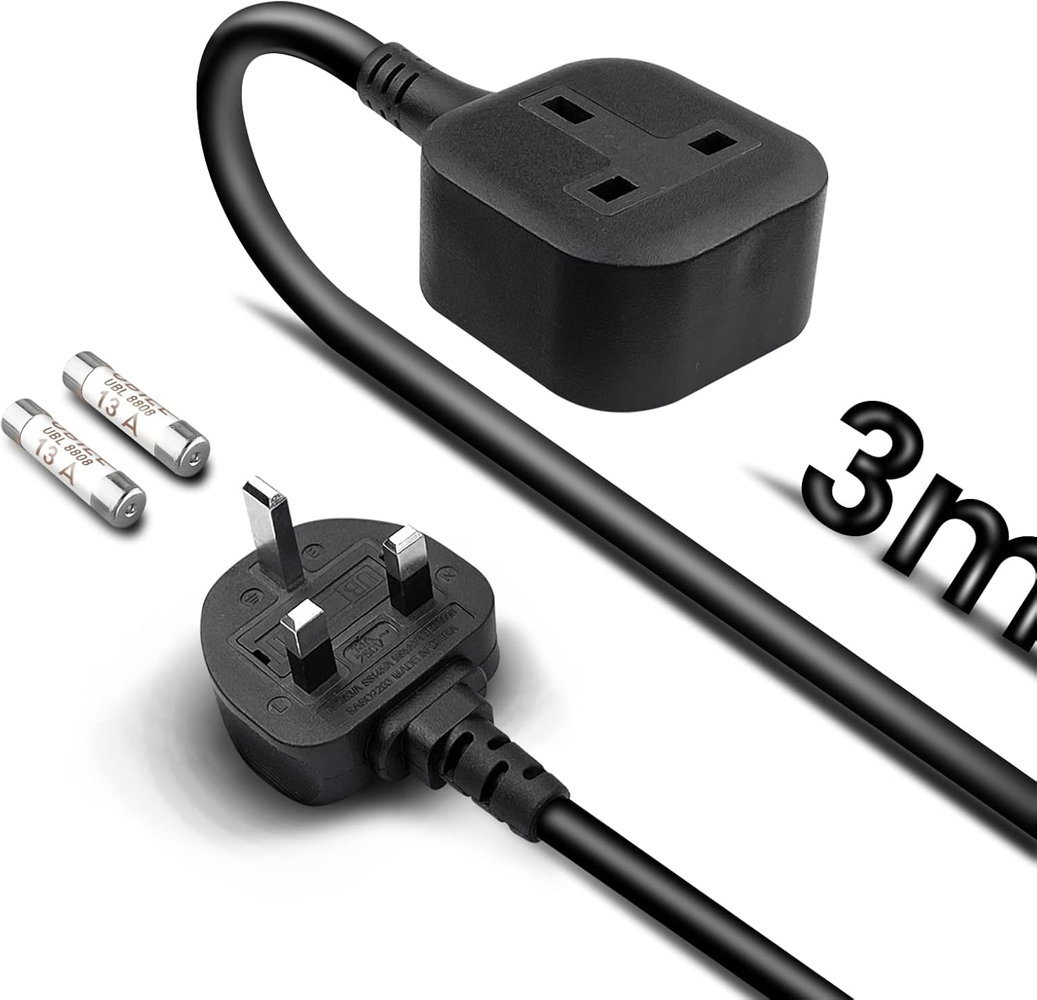Single Extension Lead 3M, 1 Way Gang Plug Socket Surge Protected, 13amp 250V 3kw UK 3 Pin Fused Mains, Rubber