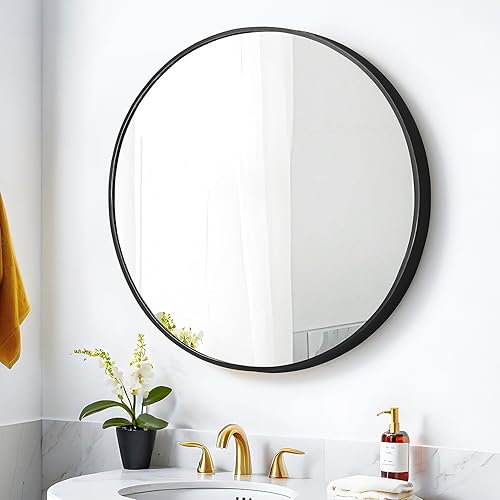Miniatura 9 de FINEWF Espejo redondo de 20 x 20 pulgadas montado en la pared, marco de metal de aleación de aluminio, maquillaje de vidrio HD, para baño, entrada,