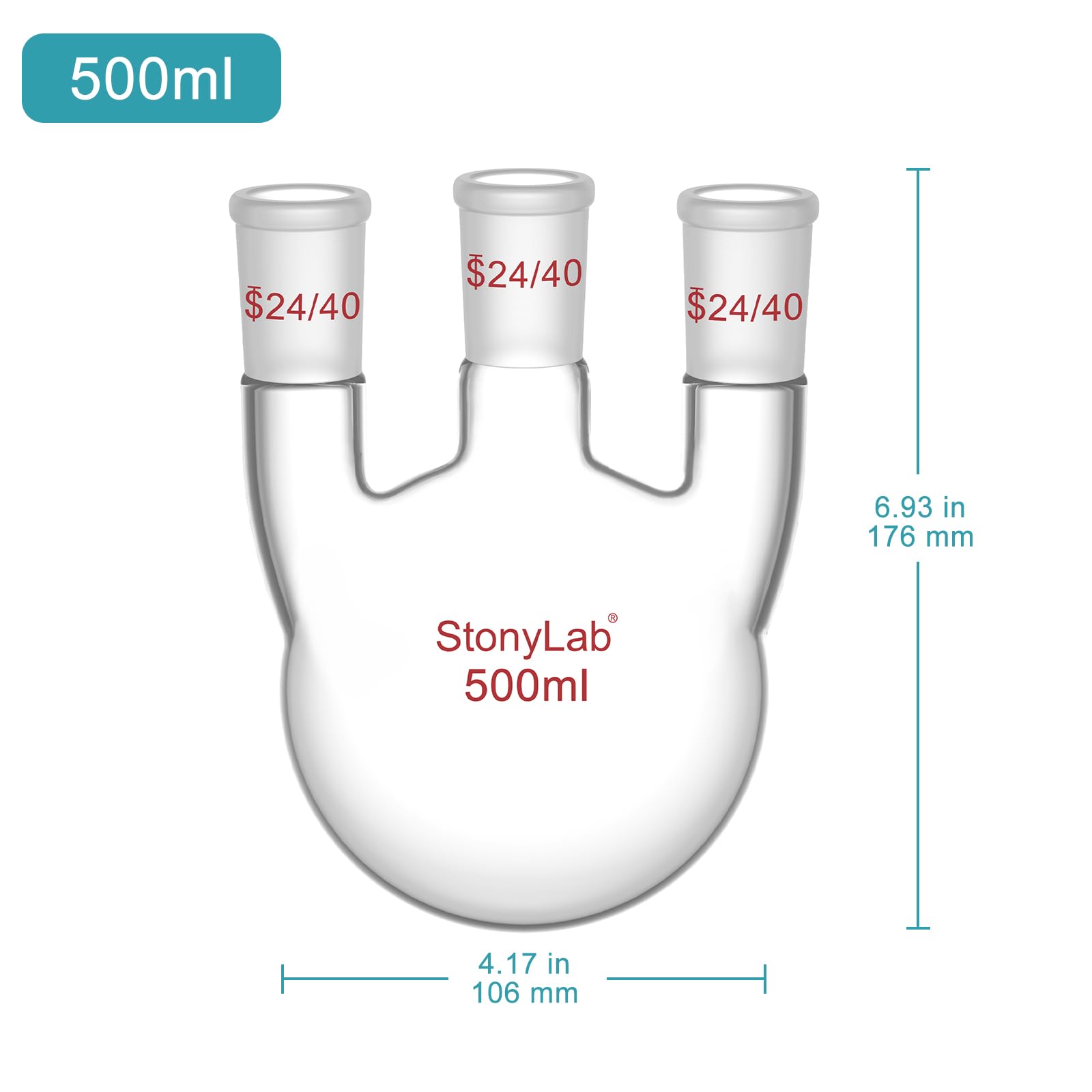 stonylab Fiole à Fond Rond 500 ml avec 3 Cols Droits-24/40, Verre Borosilicate, Idéale pour Chimie, Laboratoire, Expériences Scientifiques, Distillation et Reflux