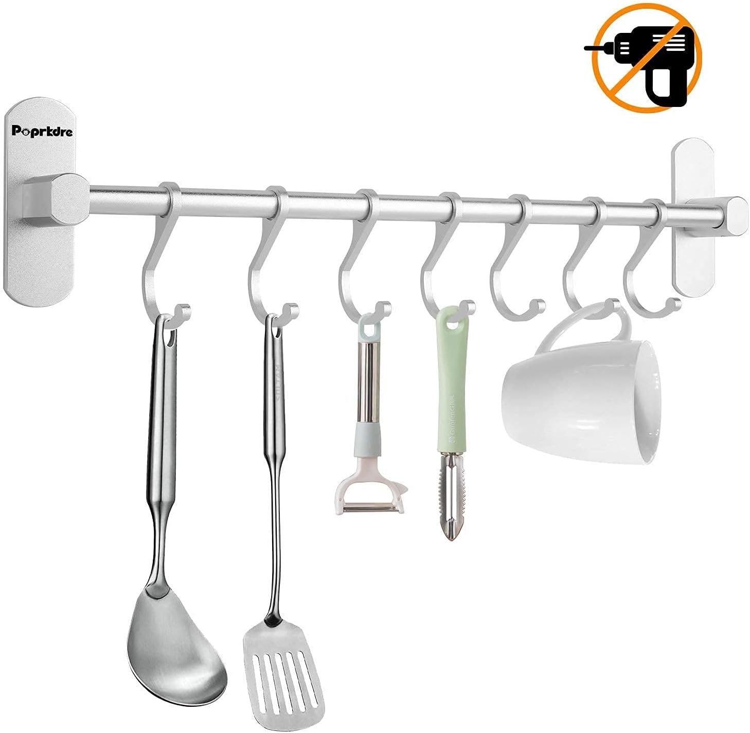 Kitchen Hanging Rack Hanging Hooks Without Drilling 7 Sliding Hooks Hanging Rack for Kitchen Bathroom Aluminum Matt Silver (Color : Silver)