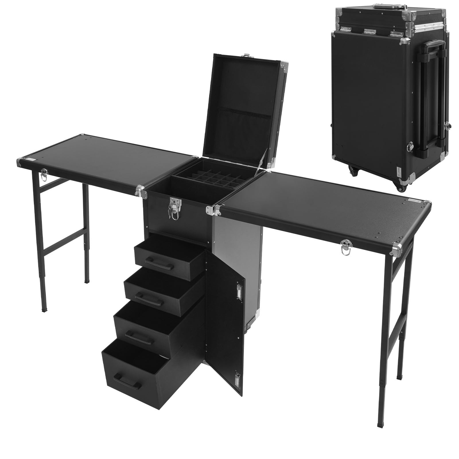 Kosmetikkoffer Trolley Faltbar Erweiterbar 2-Tisch&4-Schublade mit Teleskopgriff Zahlenschloss Schminktisch Schminkkoffer Make-Up-Koffer Kosmetik Koffer Nagelkoffer Nageltisch Friseurkoffer (Schwarz)