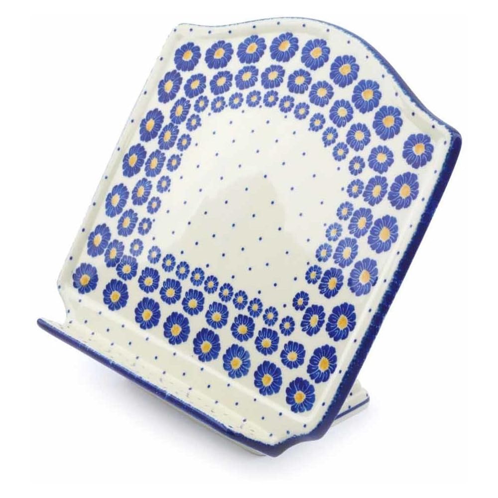 Authentic Polish Pottery 9½-inch Book Stand made by Ceramika Artystyczna (Blue Zinnia Theme) + Certificate of Authenticity