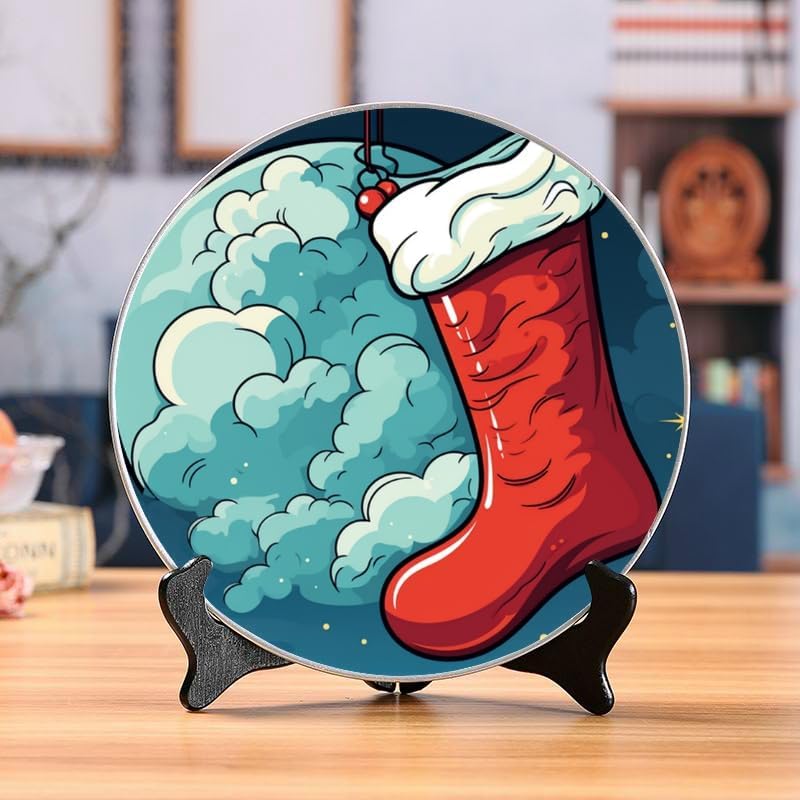 Christmas Stocking 10-inch Ceramic Plate for Wall Display or Tabletop, with Stand & Hook DP-779288845