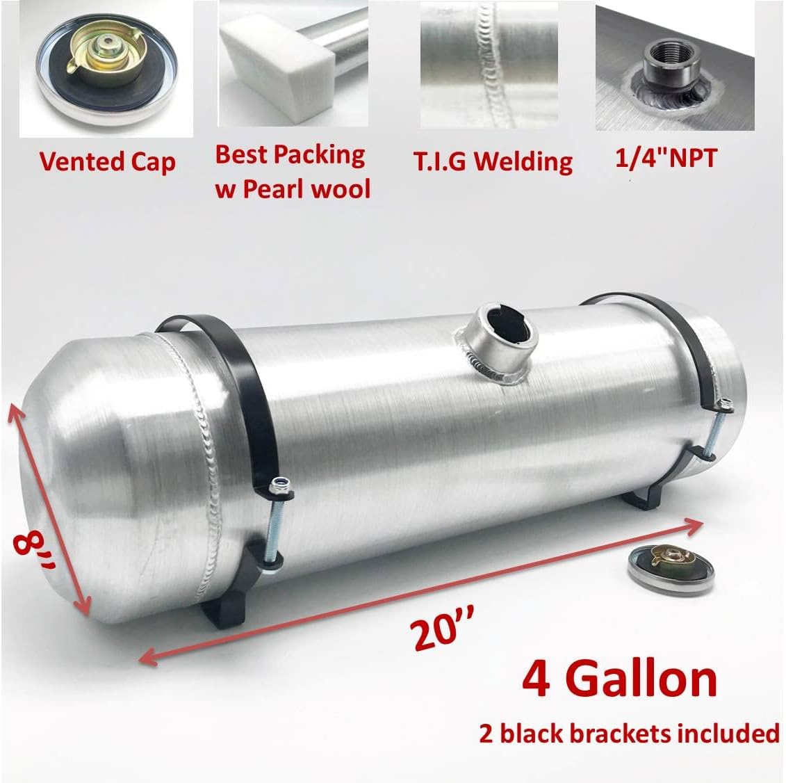 JSD AUTO PARTS 4 Gallons 8 x 20 inch Aluminum Gas Tank / Fuel Tank Center Fill 1/4" NPT Outlet