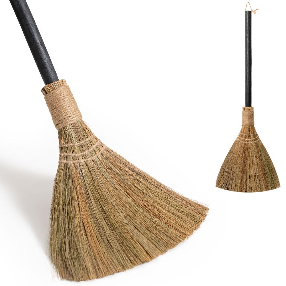 Natural Whisk Sweeping Black Handle Broom - Brooms for Wedding Jumping Ceremony Halloween DIY Decoration - Vietnamese Straw Soft Broom 12.2" Width, 28.35" Length