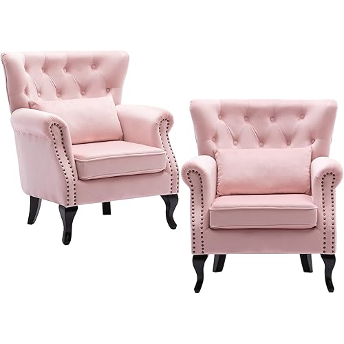 chairus Mid-Century Modern Accent Chairs Set of 2, Comfy Tufted Single Sofa Chair Wingback Armchair with Pillow for Club, Living Room, Bedroom - Velvet, Pink
