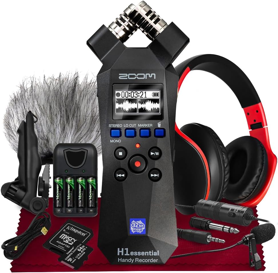 Zoom H1essential Stereo Handy Recorder, H1 Essential (H1E) Portable Audio Recorder 32 Bit Float,USB & X/Y Microphone-64GB SD, Tripod, Mic Muff, Condenser Mic & More for Musician Vlogger Filmmaker