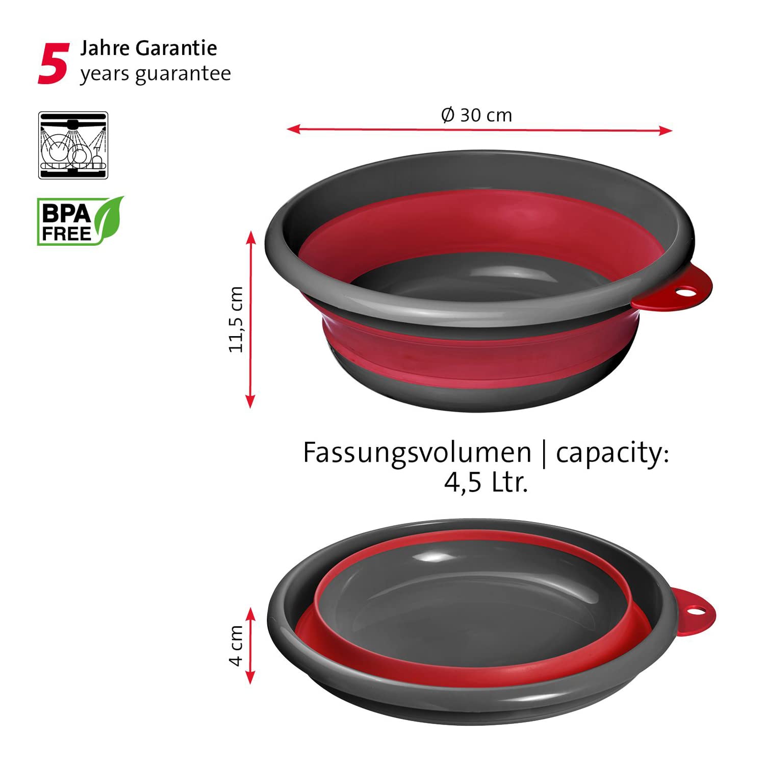 Westmark Faltbare Schüssel 2700 Ml – Mit Aufhängevorrichtung, BPA-frei, Spülmaschinengeeignet, Rot/anthrazit, Perfekt Für Camping & Kleine Küchen