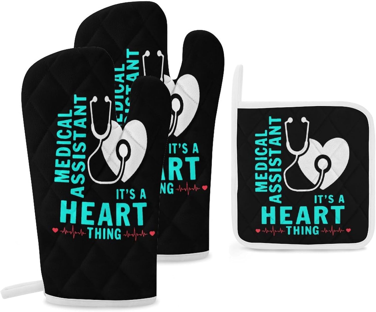 Medical Assistant Heart Print Oven Mitts and Pot Holders 3 Piece Sets Heat Resistant Gloves Hot Pads Potholders for Kitchen Baking Cooking