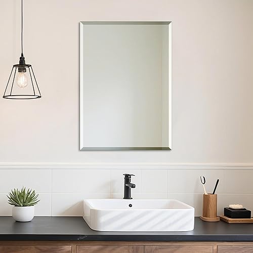 Ruomeng Wall Mirror Beveled Edge Frameless Mirror 20” x 28“ Wall Mounted Mirror for Bathroom Vanity and Entryway