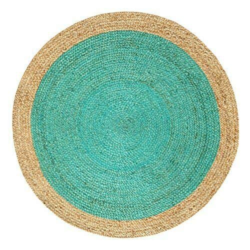 THE PIKKU INTERNATIONAL - Rug Round Natural Jute Hand Woven Braided Area Rug Turquoise with Beige Border Carpet Round - 60 x 60 cm