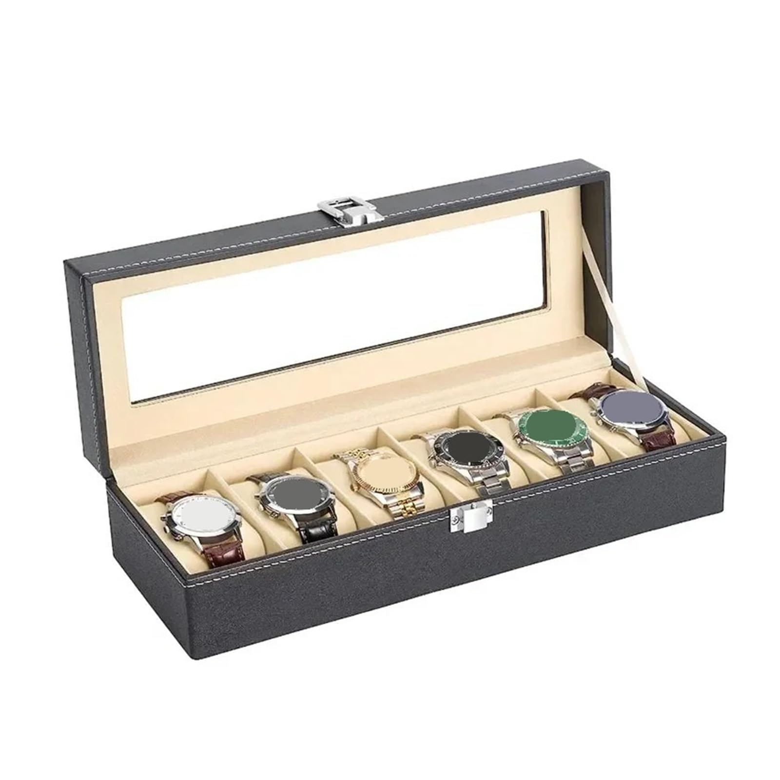 Uhrenbox aus PU-Leder mit Glasplatte, Aufbewahrungsbox for Uhren, Uhrenhalterung, Geschenke zur Aufbewahrung von Uhren(Color 1)
