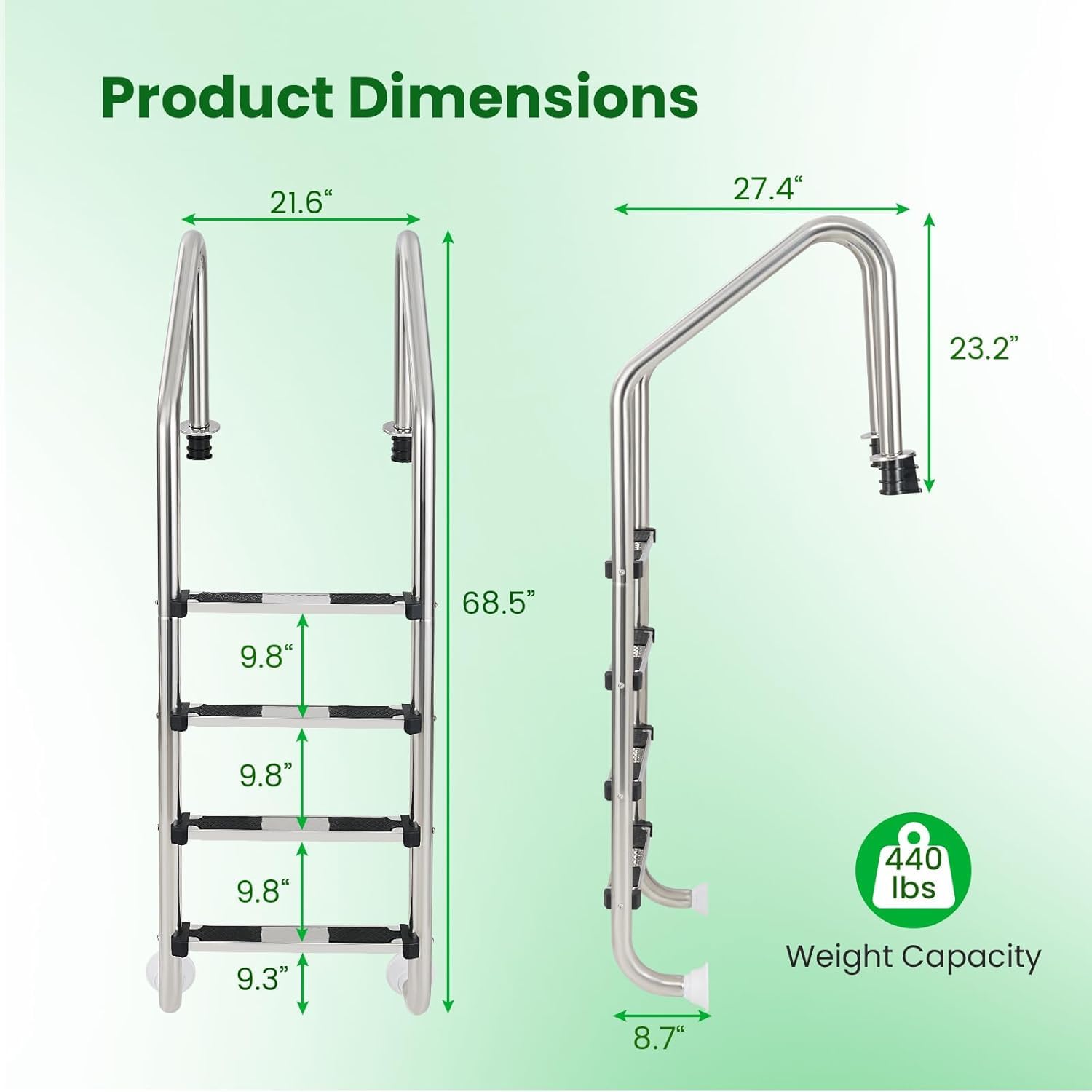 Scaletta per Piscina A 4 Gradini in Acciaio Inox, Gradini Antiscivolo, Portata Massima 200 kg, Facile da Installare per Piscine Interrate, Palestre, Parchi Acquatici, Design Resistente E Sicuro.