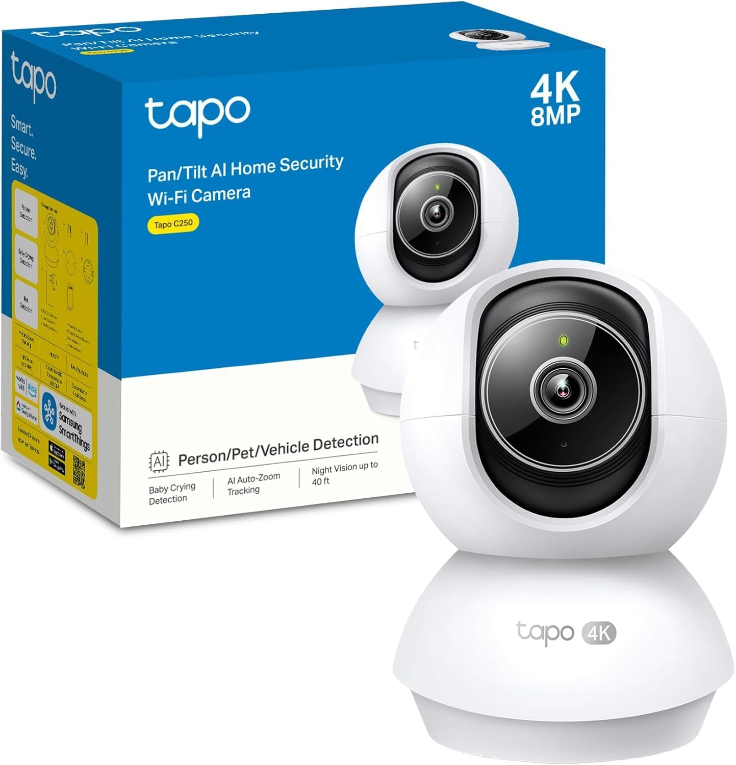 Tapo C250 Caméra de Surveillance Intérieure 4K 8MP, 360° Pan/Tilt, Détection IA Gratuite, Suivi Auto Zoom, Vision Nocturne 12m, Audio Bidirectionnel, Stockage Local
