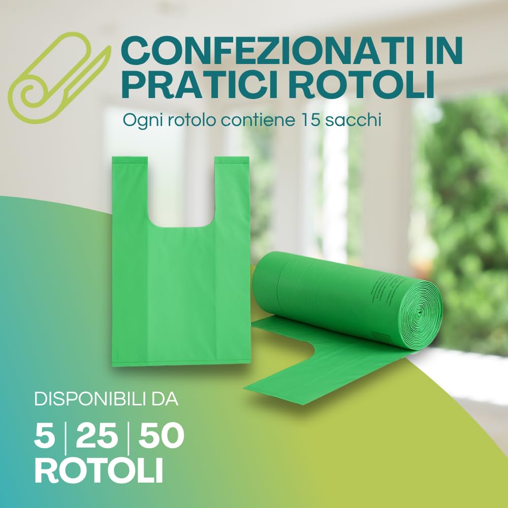Palucart® 375 Sacchetti Biodegradabili f.to 55 x 68 da 30 Litri, Sacchi Raccolta Umido Salvagoccia con Manico lungo, 25 Rotoli da 15 Sacchi Organico compostabili e biodegradabili colore verde - M