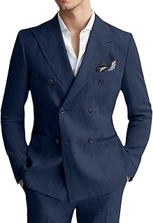 Mens Linen Suit 2 Piece Slim Fit Casual Double Breasted Suit Blazer Pants Set Summer Beach Wedding Linen Tuxedo Men