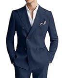 Lynerun Mens Linen Suit 2 Piece Slim Fit Casual Double Breasted Suit Blazer Pants Set Summer Beach Wedding Linen Tuxedo Men
