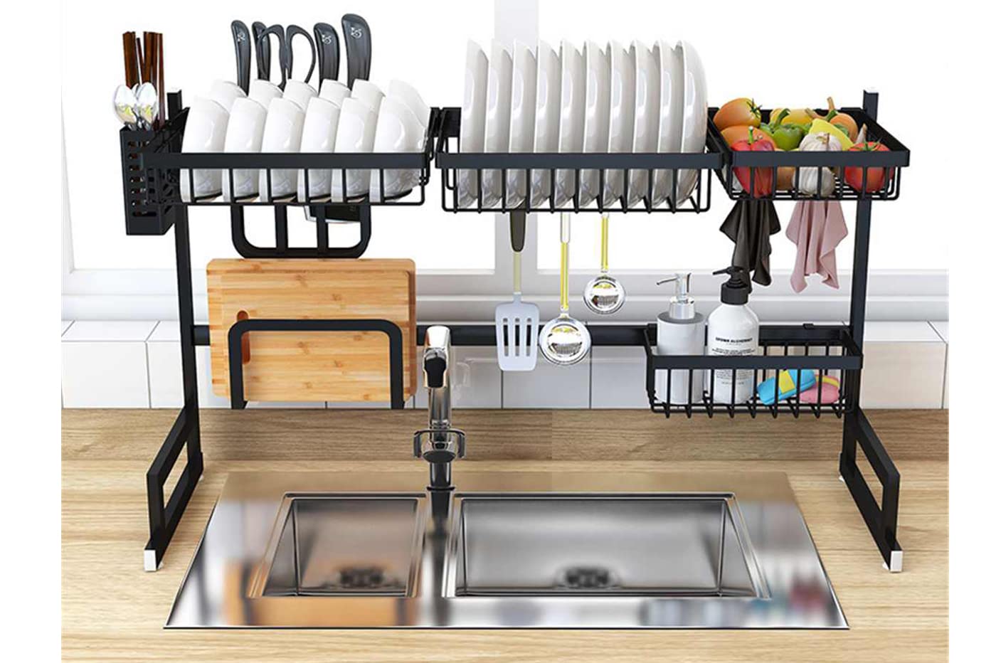 YASTA Scolapiatti da Appoggio Gocciolatoio Nero per Lavello Griglia Porta Utensili da Cucina Organizer Salvaspazio