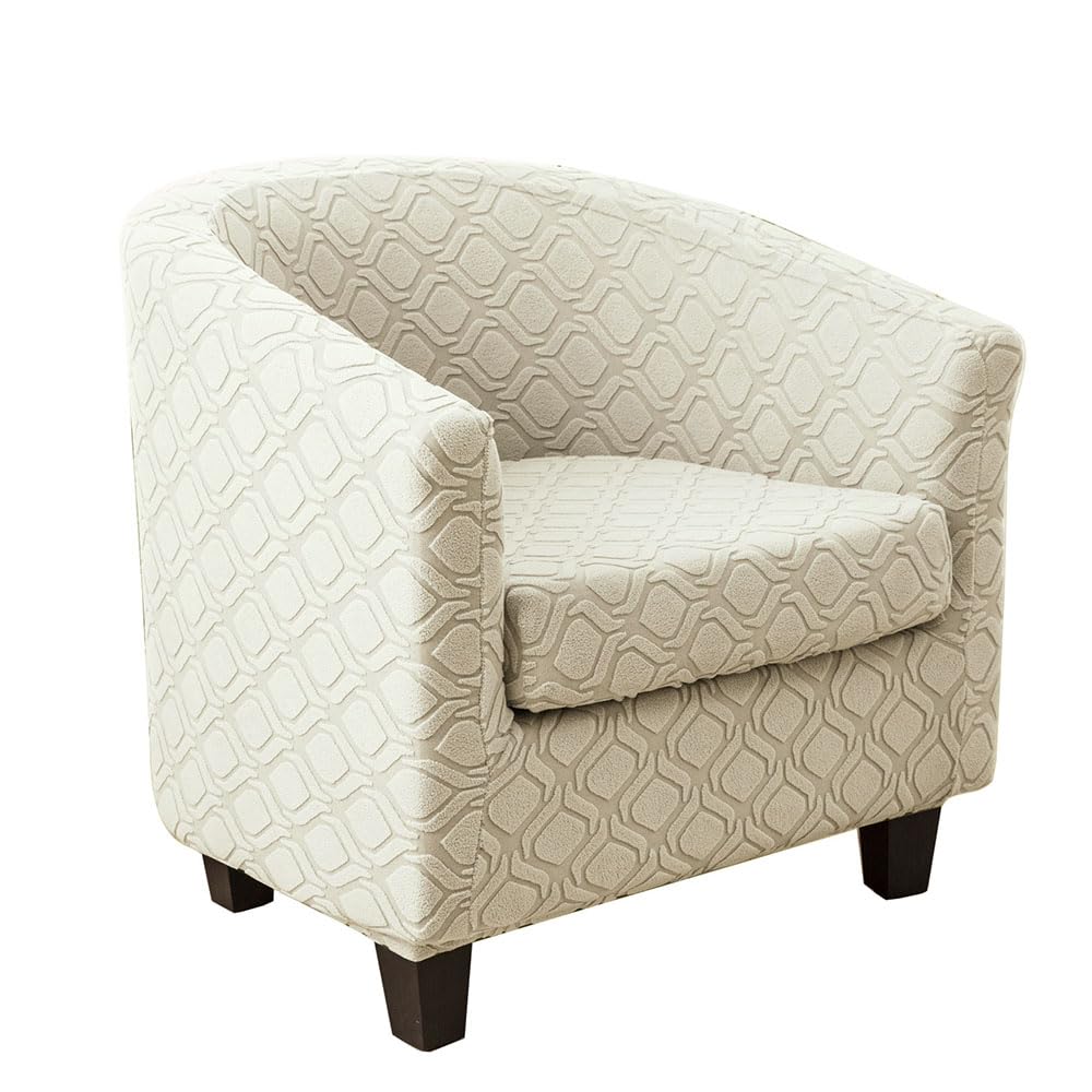 YeGang Tub Chair Covers 2 Piece, 2 IN 1 High Stretch Club Chair Covers with Jacquard Cushion Cover Soft Armchair Slipcovers for Living Room Dining Reception (Beige)