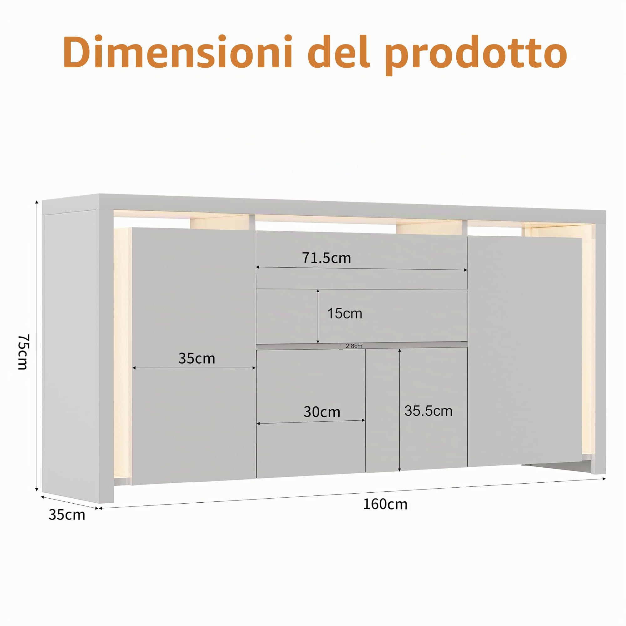 Credenza Soggiorno Moderno Lucida, Madia Mobile da Cucina con 4 Ante e 2 Cassetti,Dispensa Cucina Buffet da Cucina per Soggiorno Cucina Sala da Pranzo, 160x35x75 cm (Bianco)