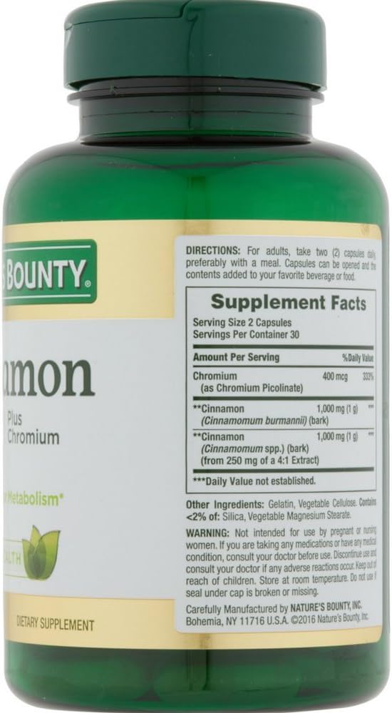 Nature's Bounty Cinnamon 2000mg Plus Chromium, Dietary Supplement Capsules 60 ea (Pack of 2) : Health & Household