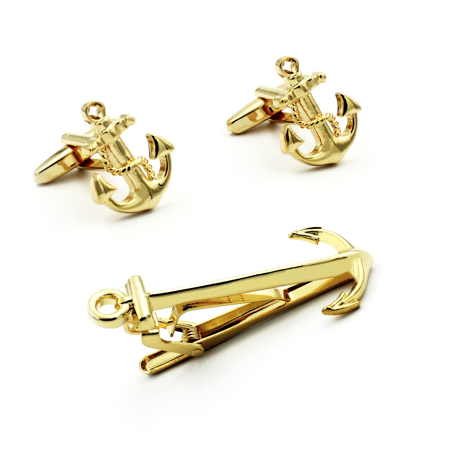 Sailing Boat Yacht Anchor Shirt Gold Tie Clip and Cufflinks Set