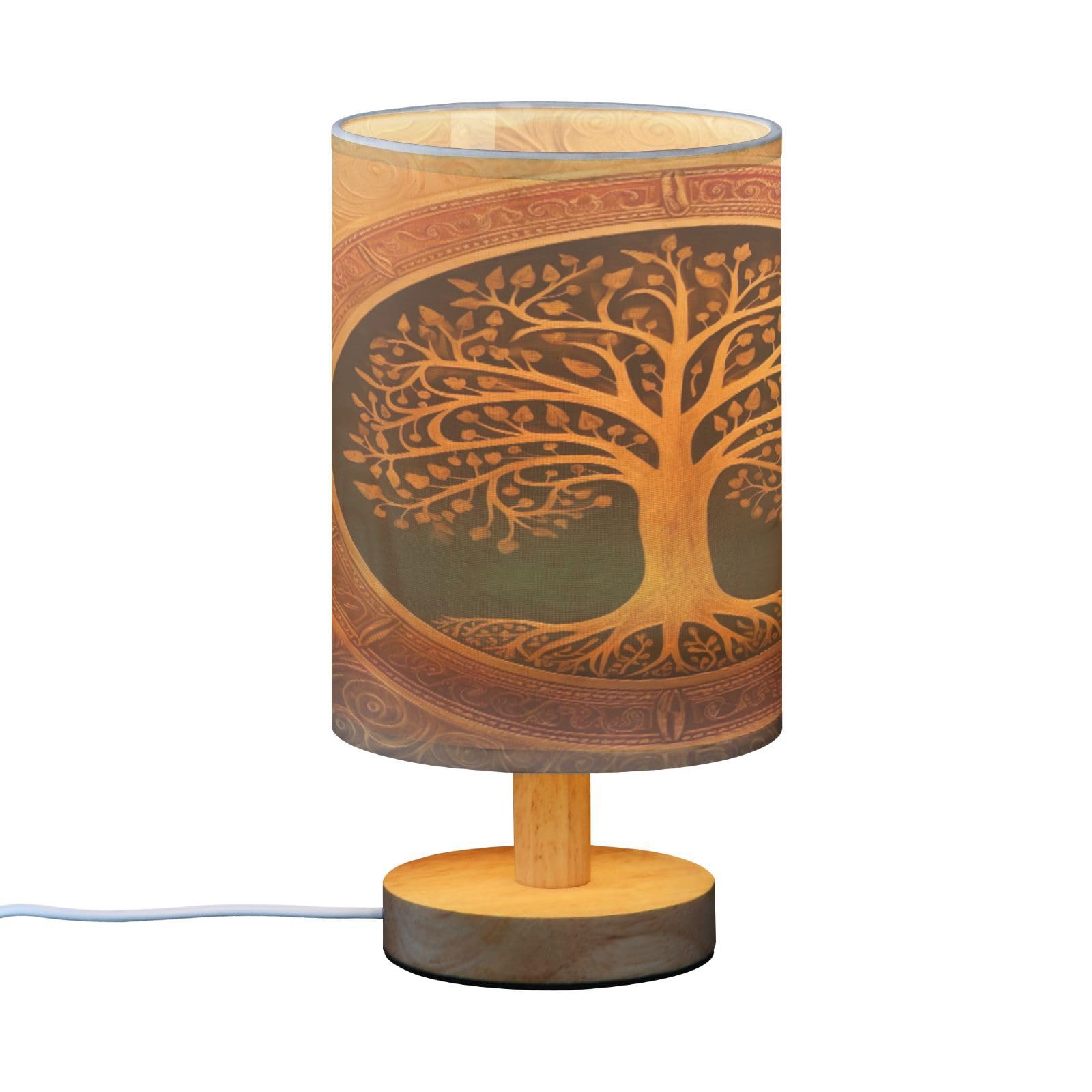 SDMKA Gold Tree Pattern Bedside Table Lamp for Bedroom, Minimalist Nightstand Lamp with Round Fabric Shade for Living Room, Office, No Bulb Required