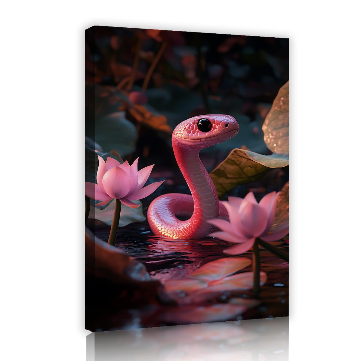 Via Vela Fbh16 Mystical Botanical Canvas Wall Art Cute Pink Snake Painting Lotus Flower Pond Animal Picture Surreal Wildlife Poster For Bedroom Bathroom Office Decor 50X75cm