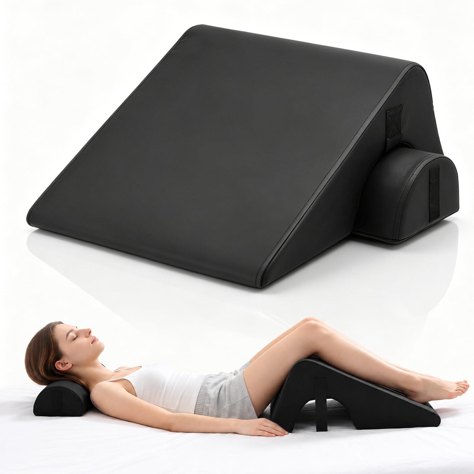 Beinlagerungskissen 2-teilig, Keilkissen mit Halbrolle, hochdichter Schaumstoff, abnehmbarer Kunstlederbezug, Beinkissen zum Hochlagern, Knierolle und Lagerungsrolle für Bett, Sofa, Yoga und Massage